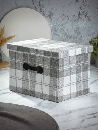Кофр для хранения, 1 секция, с крышкой, складной, 38х27х27 см, нетканое полотно, с ручкой, с крышкой, светло-серый, Клетка, Y4-7838