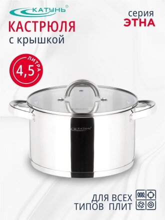 Кастрюля нержавеющая сталь, 4.5 л, крышка стекло, Катунь, Этна, КТ21-D-22, индукция