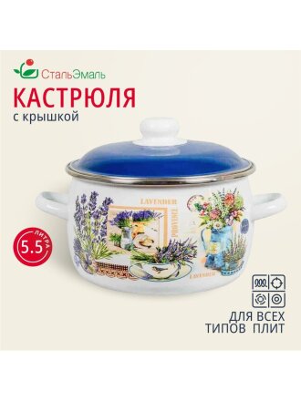 Кастрюля эмалированная сталь, 5.5 л, крышка сталь, сферический, СтальЭмаль, Горная лаванда, 6RC221M, индукция