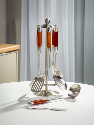 Набор кухонных принадлежностей 7 предметов, сталь, на подставке, Daniks, Premium, Y4-9602, ручка акация