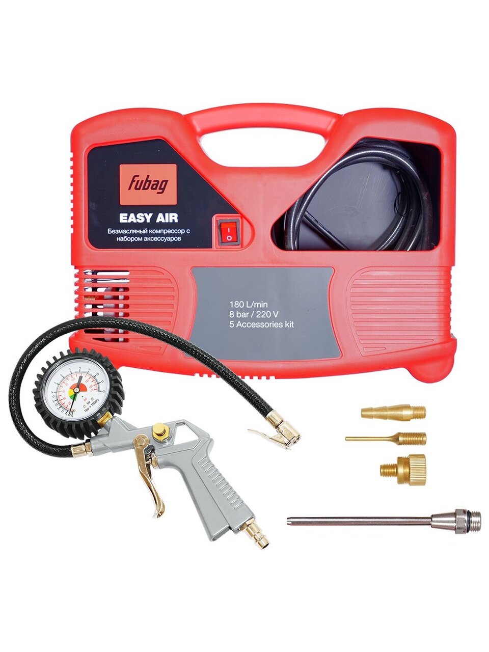 Компрессор безмасляный, Fubag, Easy Air, 1.1 кВт, поршневой, 180 л/мин, 8 бар, прямой, 220В/50Гц, 3400 об/мин, 6 кг, 8215040KOA649