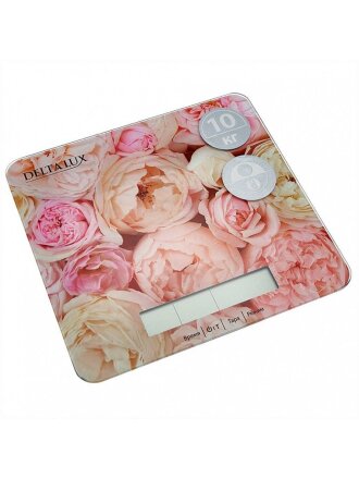 Весы кухонные электронные, стекло, Delta Lux, Пионы, платформа, точность 1 г, до 10 кг, LCD-дисплей, DE-004KE