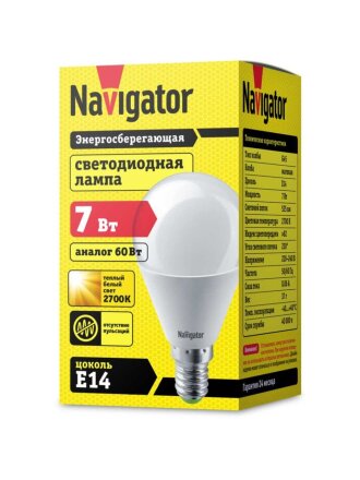 Лампа светодиодная E14, 7 Вт, 60 Вт, шар, 2700 К, теплый белый свет, Navigator, 94466