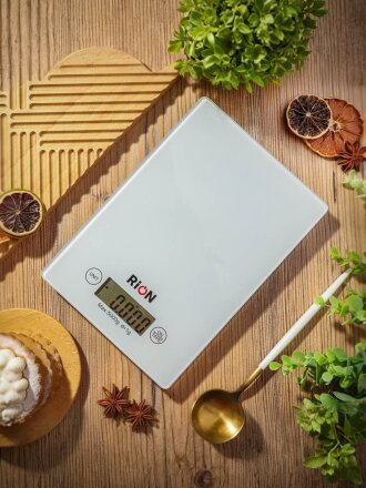 Весы кухонные электронные, стекло закаленное, Rion, платформа, точность 1 г, до 5 кг, LCD-дисплей, белые, BB-K08
