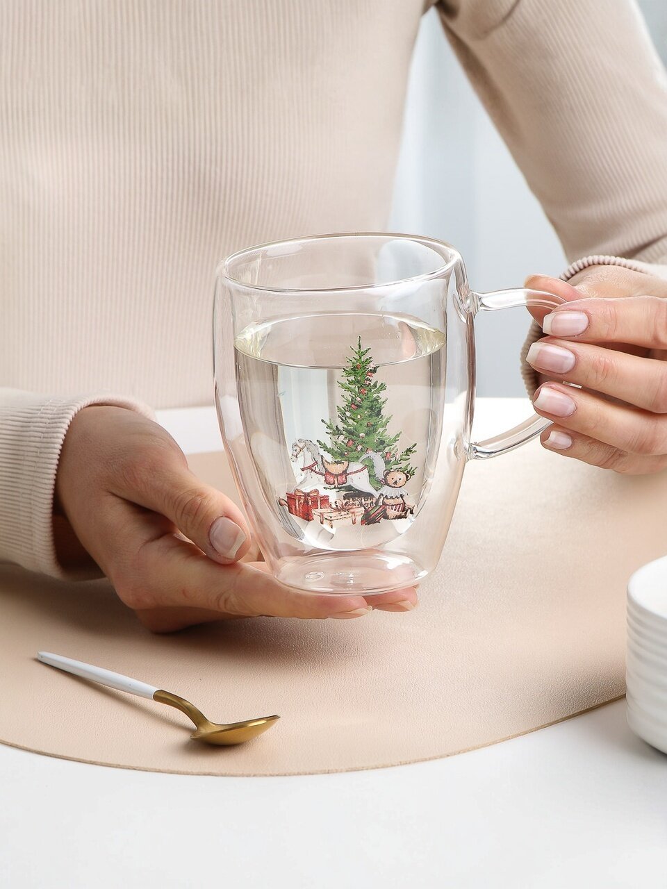 Кружка стекло, 350 мл, Елочка, двойные стенки, 8х11.5 см, Daniks
