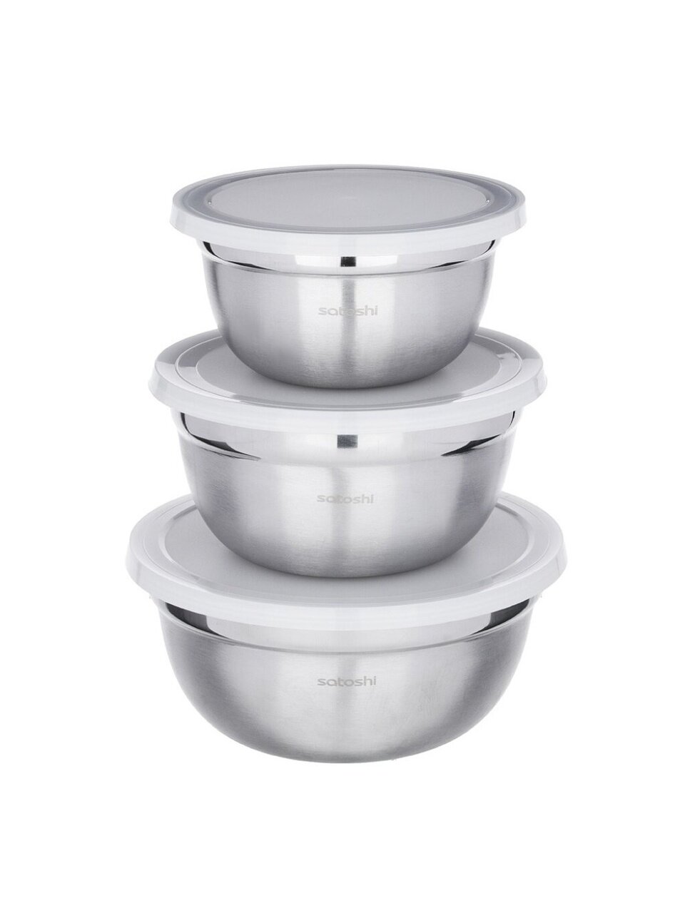 Салатник сталь, круглый, 3 шт, 14, 16, 18 см, с крышкой, Satoshi, 812-080