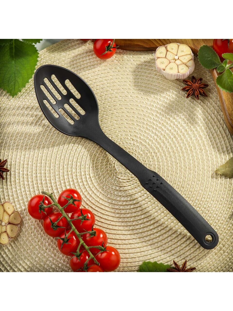 Ложка поварская нейлон, с прорезями, навеска, черная, Daniks, Эконом, YW-KT017-10/H1010-02