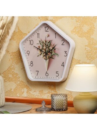 Часы настенные, 34х33х4 см, пятиугольные, пластик, розовые, Букет, Y4-5199