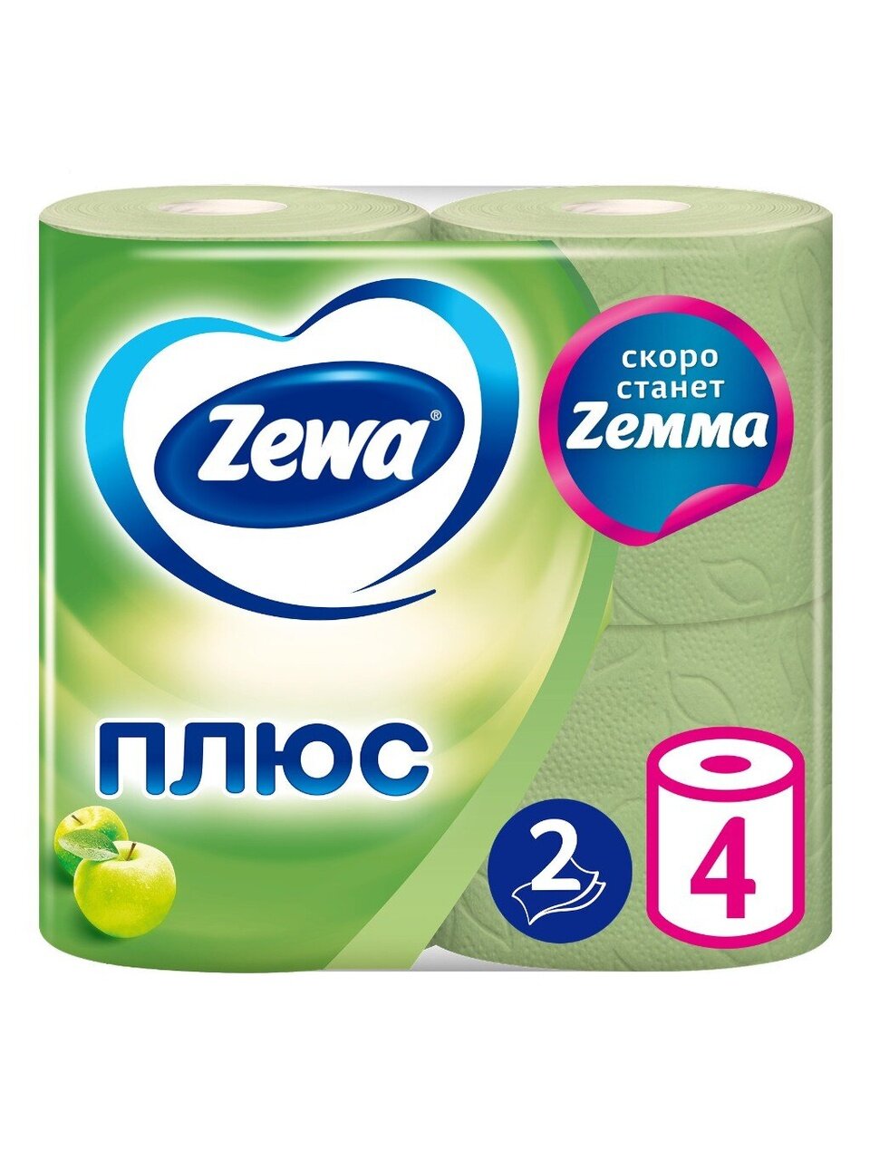 Туалетная бумага Zewa, Яблоко, 2 слоя, 4 шт, 23 м, с втулкой, зеленая