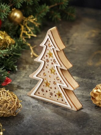 Фигурка МДФ, Елка, 15х12.5х12 см, новогодняя, с подсветкой, на батарейках, Y4-8427