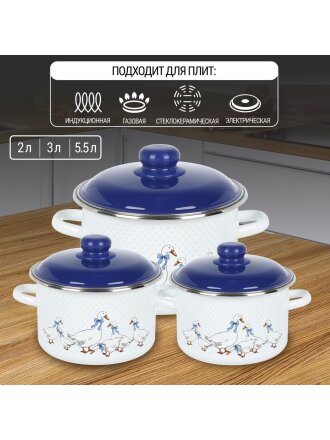 Набор посуды эмалированная сталь, 3 предмета, 2,3,5.5 л, индукция, СтальЭмаль, Гуси, 6KB191M