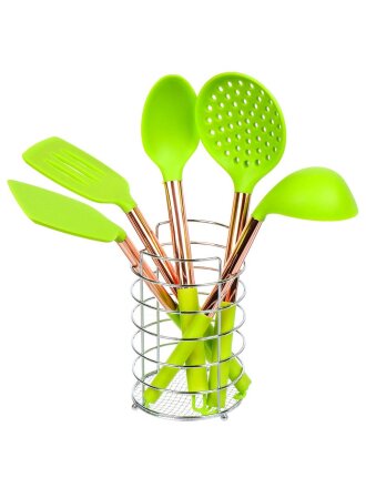 Набор кухонных принадлежностей 5 предметов, силикон, на подставке, зеленый, Y4-6437