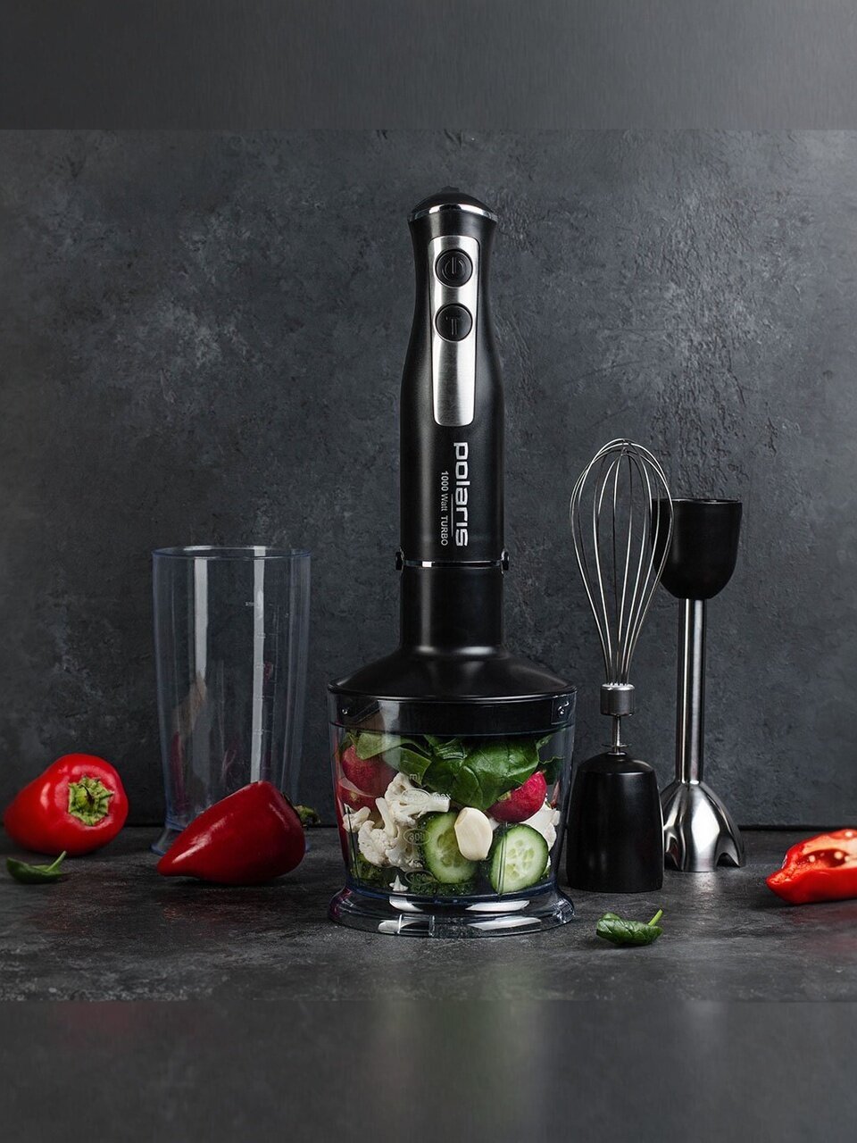 Блендер погружной 1000 Вт, 2 скорости, стакан, венчик, измельчитель, Polaris, PHB 1065, черный