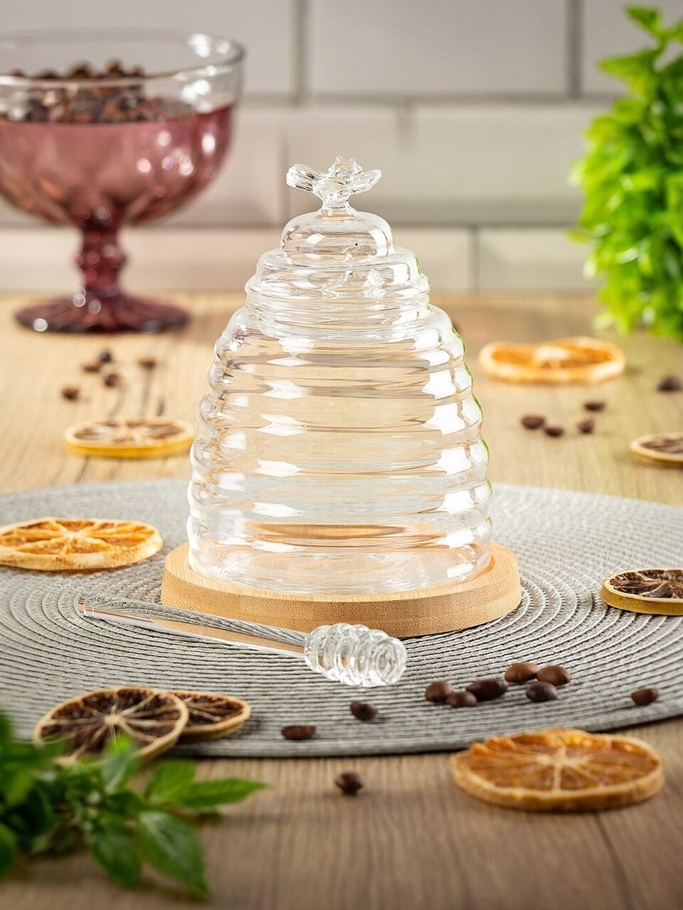 Банка для меда, стекло, 0.26 л, 12 см, с крышкой, с ложкой, Y4-6541