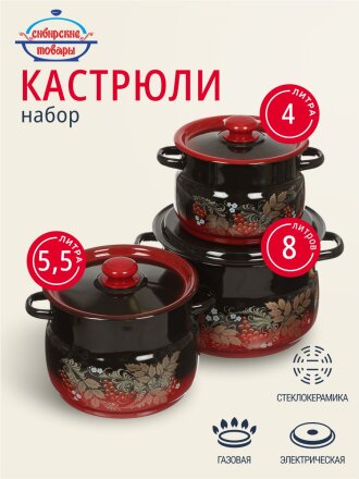 Набор посуды эмалированная сталь, 6 предметов, кастрюли 4,5.5,8 л, Сибирские товары, Рябинка 11, N11L05
