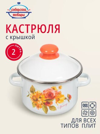 Кастрюля эмалированная сталь, 2 л, крышка сталь, цилиндрическая, Сибирские товары, Весна, 1MD161M, индукция