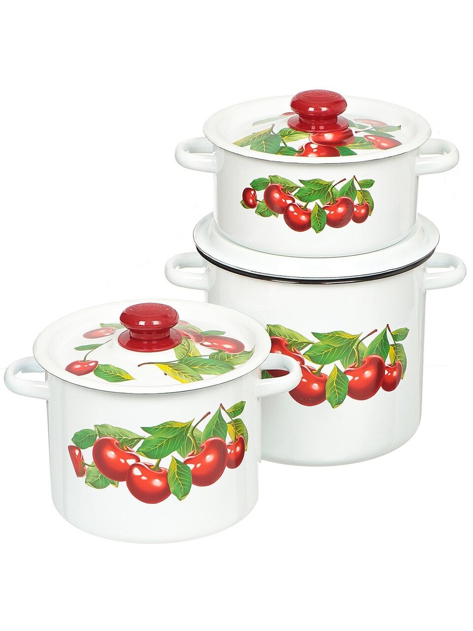 Набор посуды эмалированная сталь, 6 предметов, кастрюля 2 л, 3.5 л, 5.5 л, Сибирские товары, Вишневый сад 16, N16B55, белый