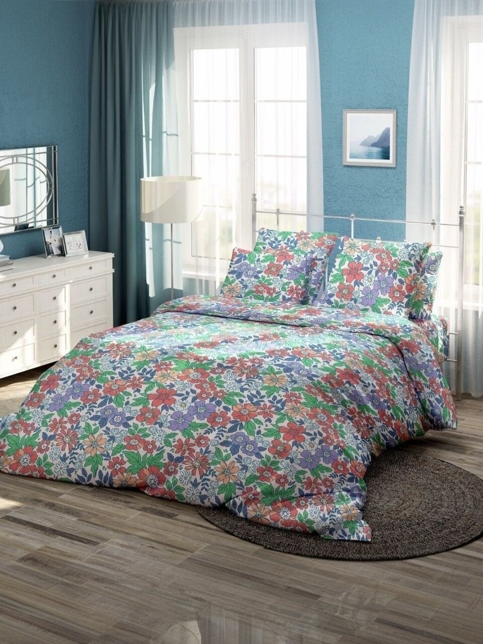 Постельное белье 2-спальное, простыня 180х220 см, 2 наволочки 70х70 см, пододеяльник 175х215 см, Самойловский текстиль, бязь, Полевые цветы