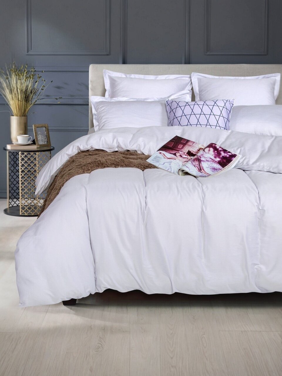 Постельное белье евро, простыня 180х200 см, 2 наволочки 70х70 см, пододеяльник 200х215 см, простыня на резинке, АртПостель, сатин, Перламутр