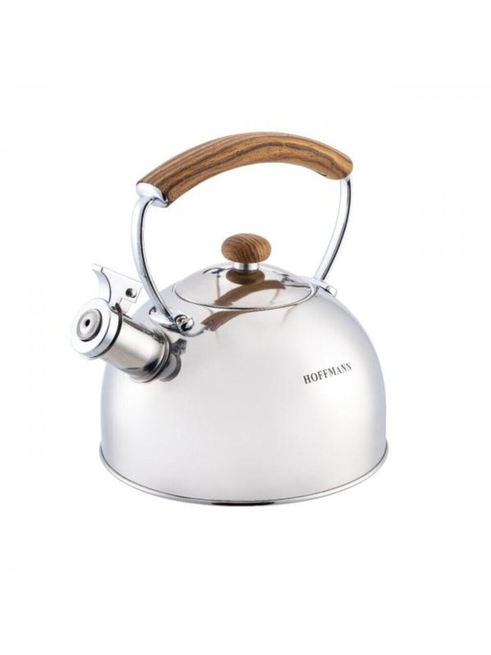 Чайник нержавеющая сталь, 2.5 л, со свистком, зеркальный, коричневая ручка, Hoffmann, индукция, НМ 55208