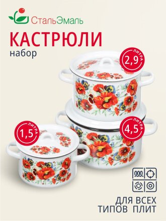 Набор посуды эмалированная сталь, 3 предмета, кастрюли 1.5,2.9,4.5 л, индукция, СтальЭмаль, Маки мечта, 1с33