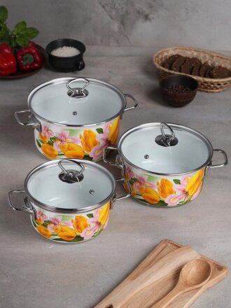 Набор посуды эмалированная сталь, 6 предметов, кастрюли 1.9,2.5,3.7 л, индукция, Керченский металлургический завод, Ирина-1-Н-Элит