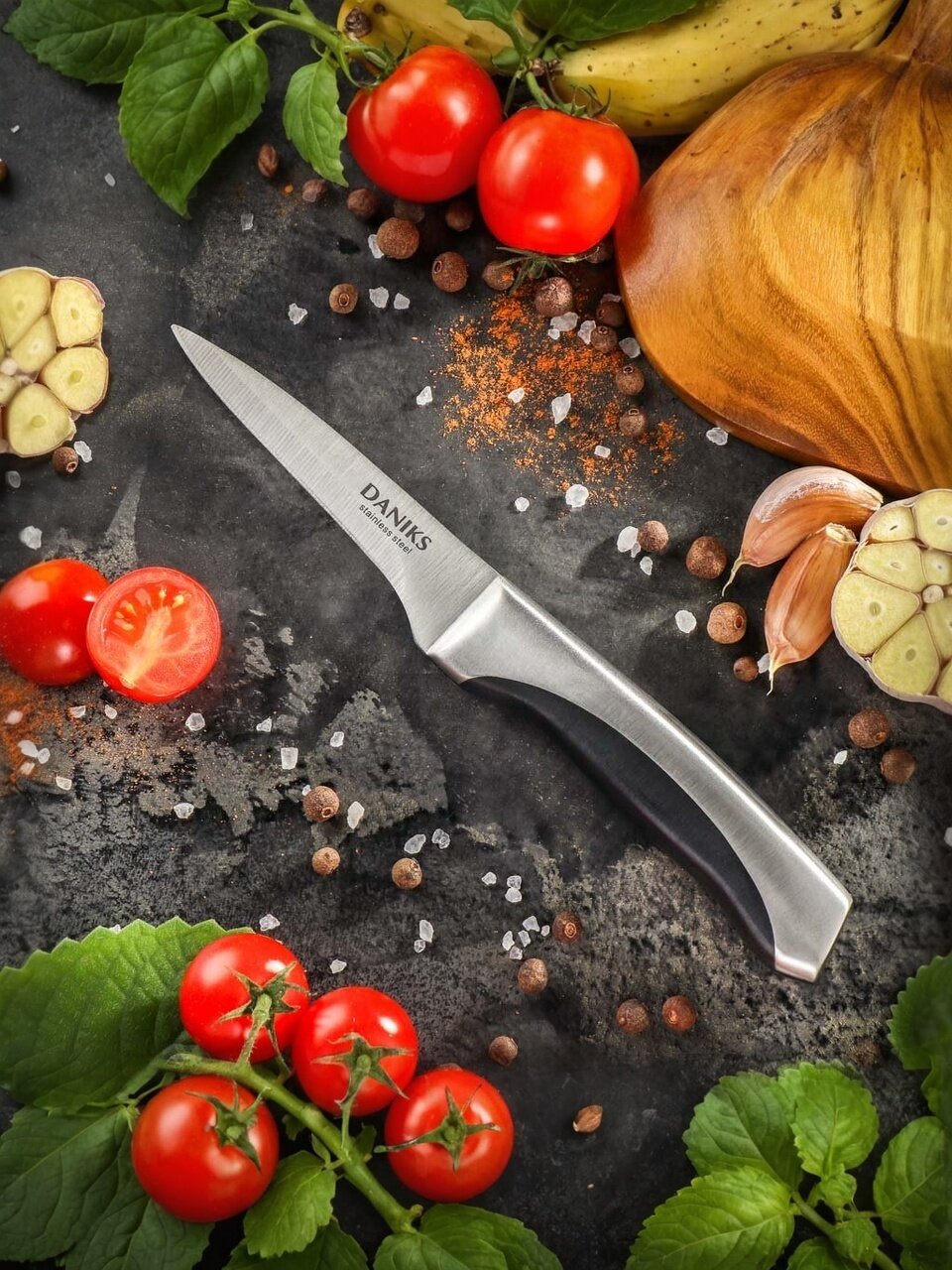 Нож кухонный Daniks, Мрамор, для овощей, нержавеющая сталь, 9 см, рукоятка сталь, YW-A156-PA