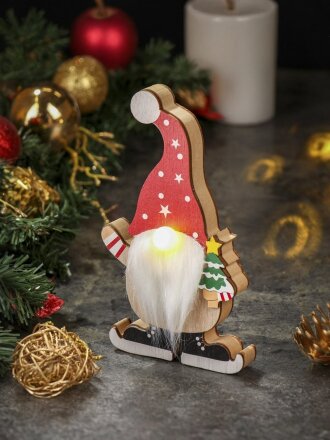Фигурка МДФ, Гномик, 19х10х2 см, новогодняя, с подсветкой, на батарейках, Y4-8429