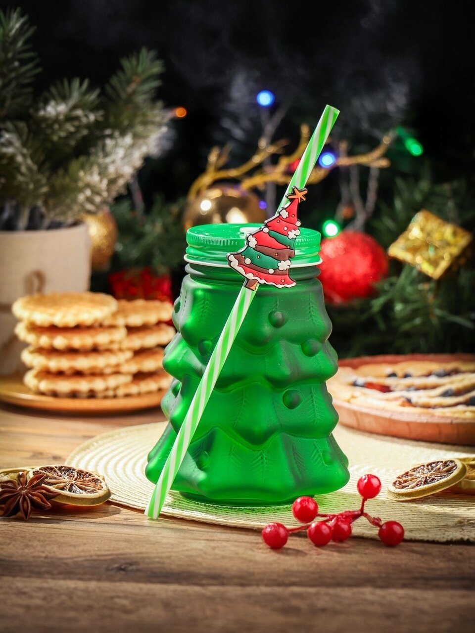 Банка для напитков стекло, 480 мл, Новый год, с крышкой, с трубочкой, Daniks, MJ08, зеленая