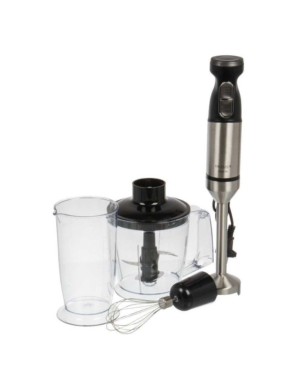 Блендер погружной 1500 Вт, 2 скорости, турбо режим, стакан, венчик, измельчитель, Delta Lux, DE-7011B, черный