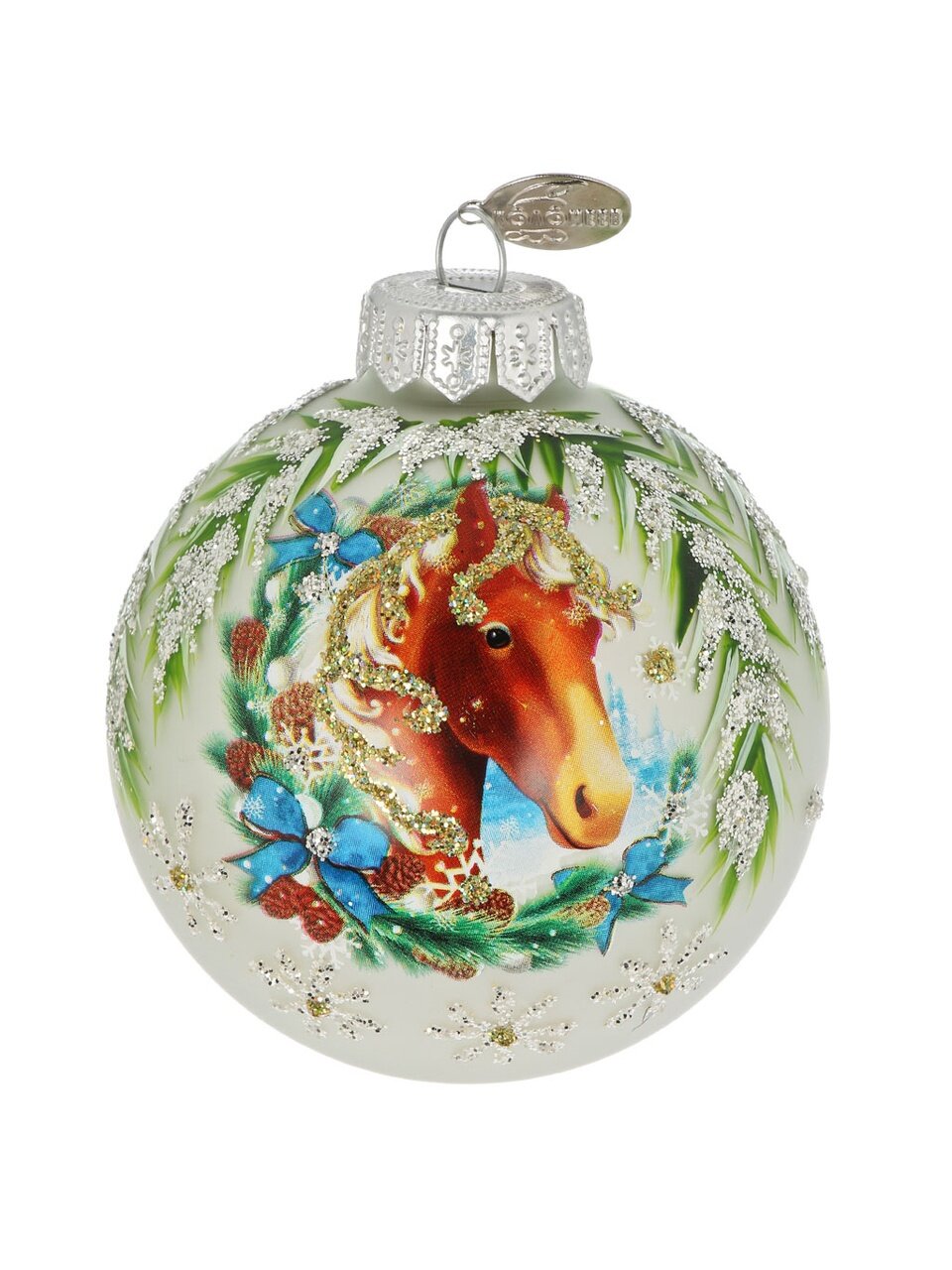 Елочный шар Лошадка снежная, 8 см, стекло, КУ-80-254011