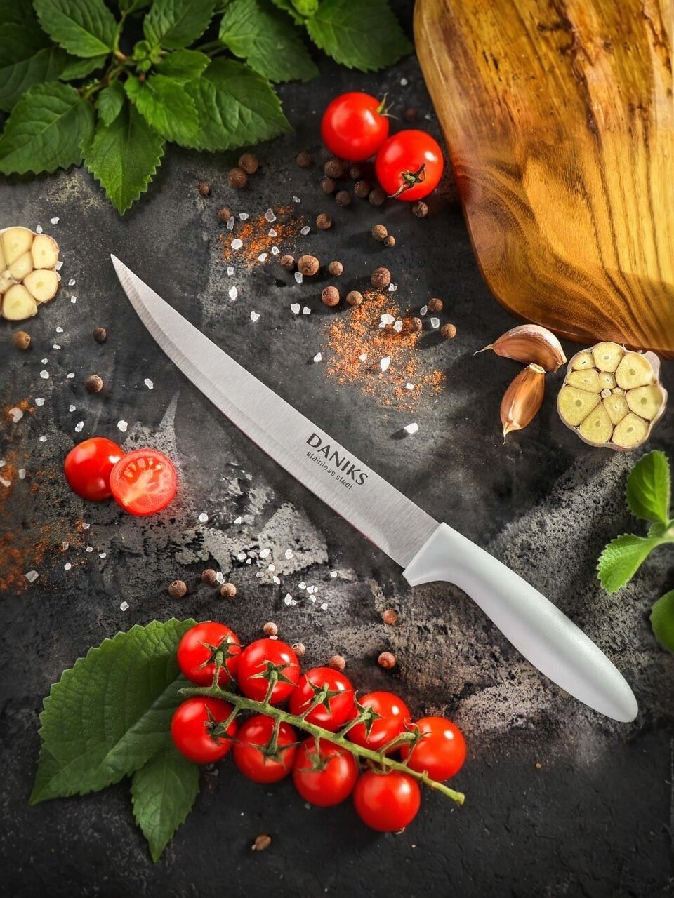 Нож кухонный Daniks, Эконом, для мяса, нержавеющая сталь, 20 см, рукоятка пластик, YW-A054-SL