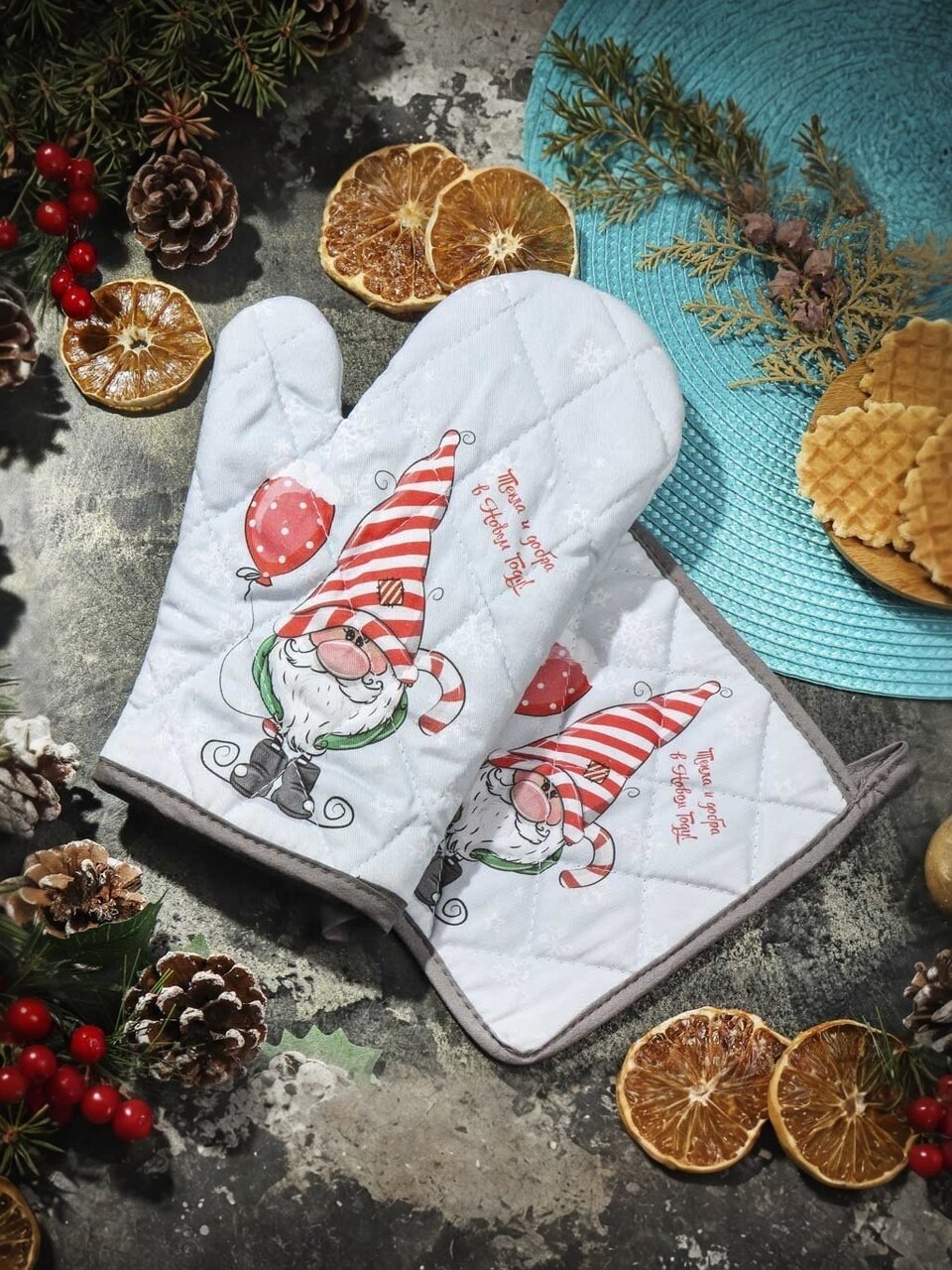 Набор кухонный 2 шт, 18х26 см + 18х18 см (варежка, прихватка), 100% хлопок, Новогодний гном