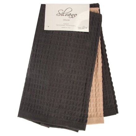 Набор кухонных полотенец 3 шт, 40х60 см, вафельный, 100% хлопок, 270 г/м2, Silvano, Эльза, бежевый, серый, Узбекистан