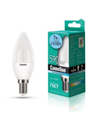 Лампа светодиодная E14, 7 Вт, 60 Вт, 220 В, свеча, 4500 К, нейтральный белый свет, Camelion, 12074