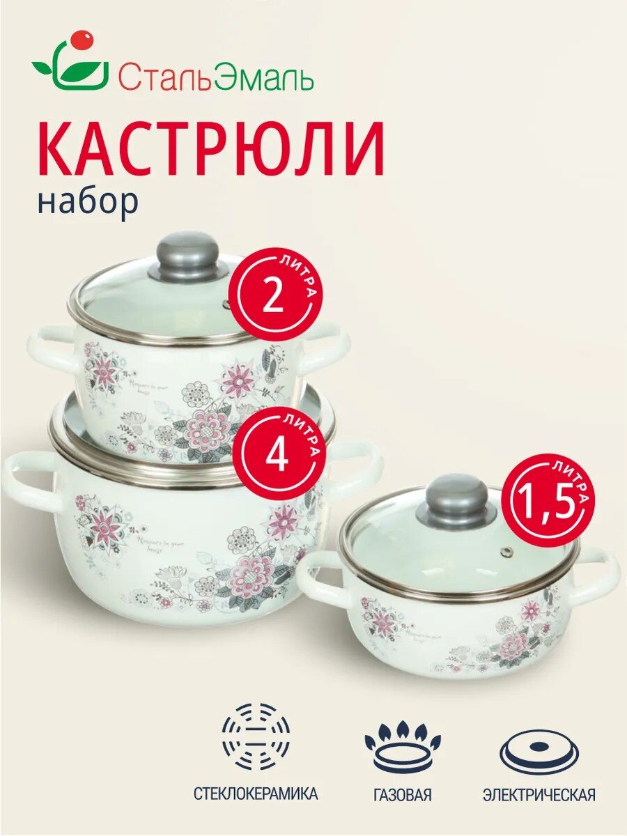 Набор посуды эмалированная сталь, 3 предмета, кастрюли 1.5,2,4 л, индукция, СтальЭмаль, Весенний романс, 1КА071S