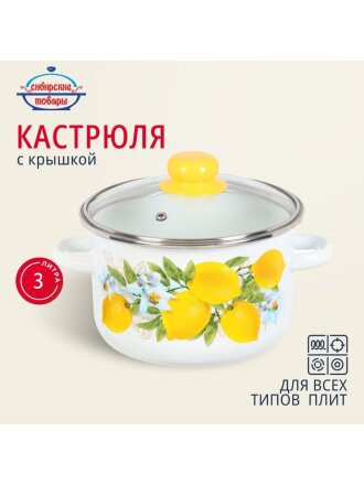 Кастрюля эмалированная сталь, 3 л, крышка стекло, цилиндрическая, Сибирские товары, Лимоны, 1MD181S, индукция