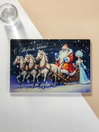 Доска разделочная стекло, 30х20 см, прямоугольная, Daniks, Символ Года и Дед Мороз