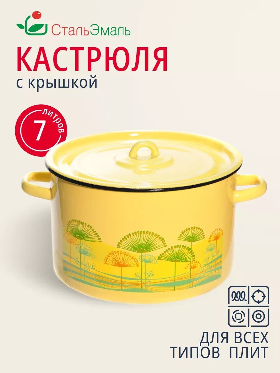 Кастрюля эмалированная сталь, 7 л, крышка сталь, СтальЭмаль, 1с18с, в ассортименте, индукция