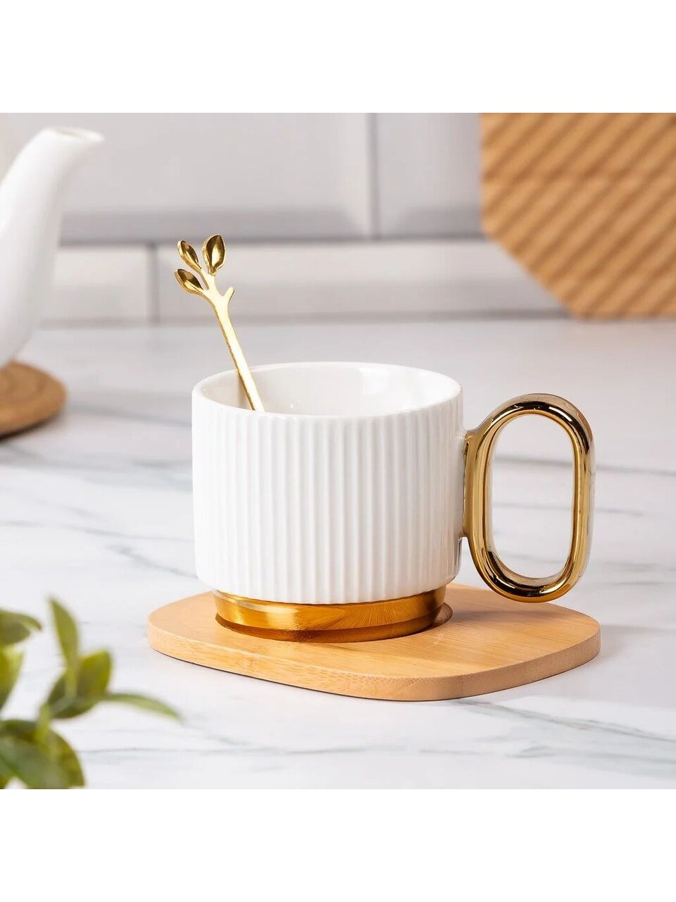 Чайная пара керамика, 3 предмета, на 1 персону, 220 мл, Грани, с бамбуковым блюдцем и ложкой, Y4-9002, в ассортименте