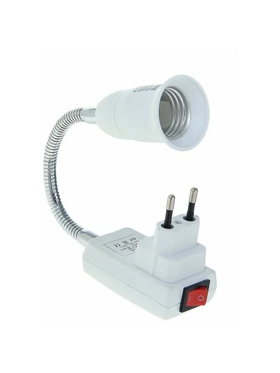 Переходник E27, гибкий, с выключателем, вилка-патрон, 150мм, белый, Ecola, Base, APT7NWEAY