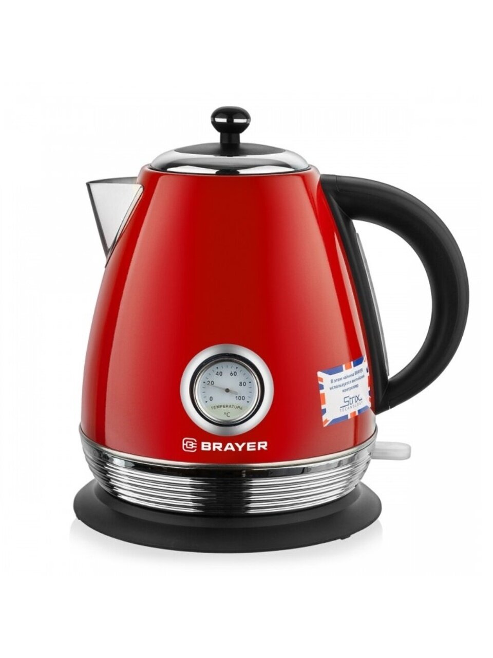 Чайник электрический Brayer, 1007BR-RD, Strix, красный, 1.7 л, 2200 Вт, скрытый нагревательный элемент, нержавеющая сталь