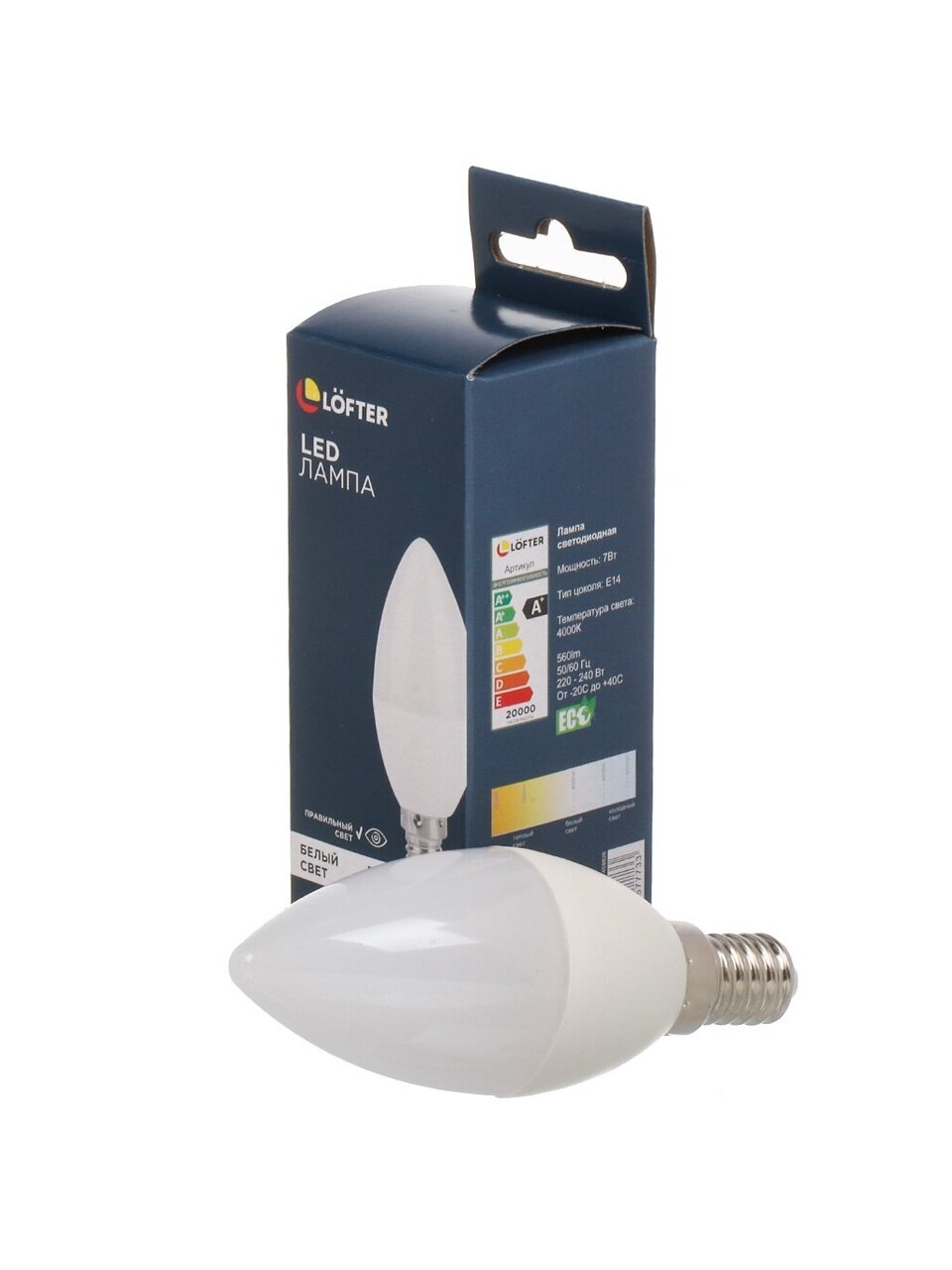 Лампа светодиодная E14, 7 Вт, 60 Вт, 220 В, свеча, 4000 К, нейтральный белый свет, Lofter