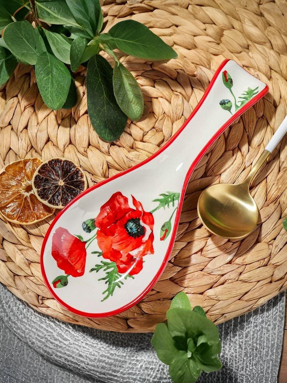 Подставка для ложки, доломит, фигурная, 24.7х9 см, Daniks, Алый мак