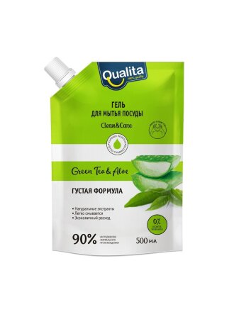 Средство для мытья посуды Qualita, Зеленый чай и алоэ, 500 мл, дой-пак