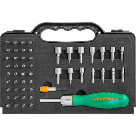 Отвертка трещеточная, 52 предмета, Jonnesway, 200 мм, CrV сталь, с битами и насадками, кейс, DR0152S, 48820