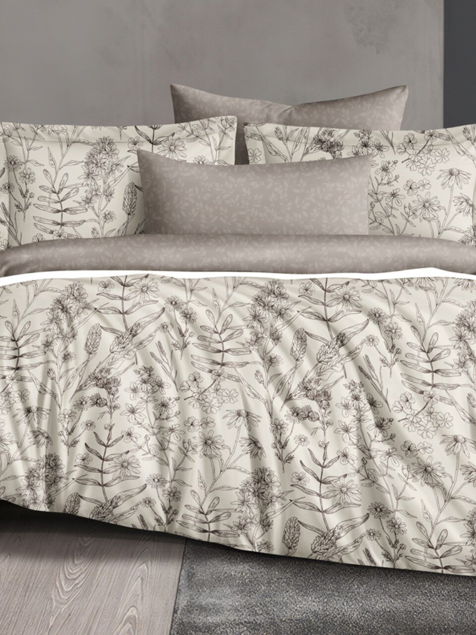 Постельное белье евро, простыня 220х240 см, 2 наволочки 70х70 см, пододеяльник 200х220 см, Silvano, сатин, Цветы, Коричневый 30/023-SLC/SLV