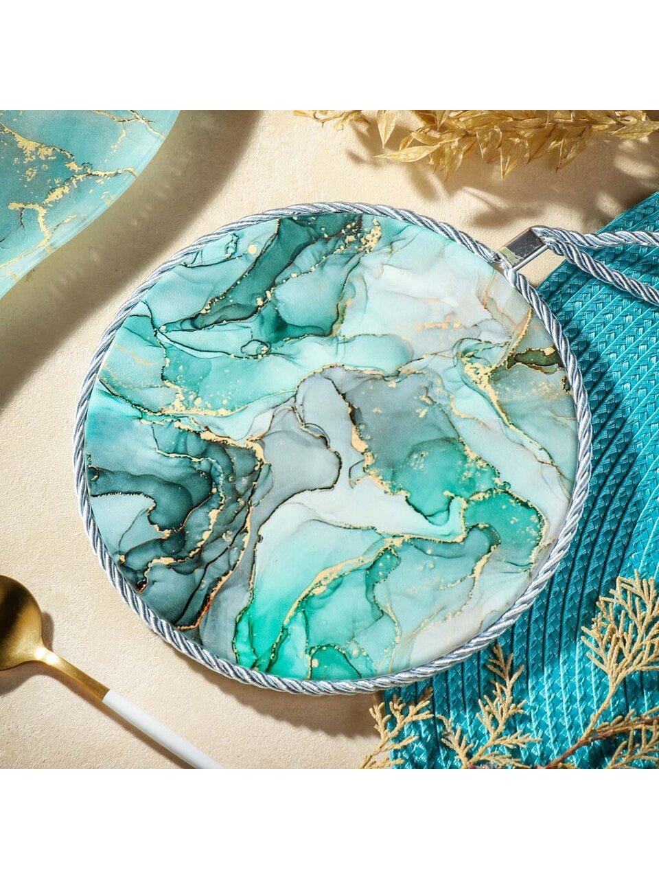 Подставка под горячее, керамика, 16 см, зеленая, Мрамор, Y4-7369