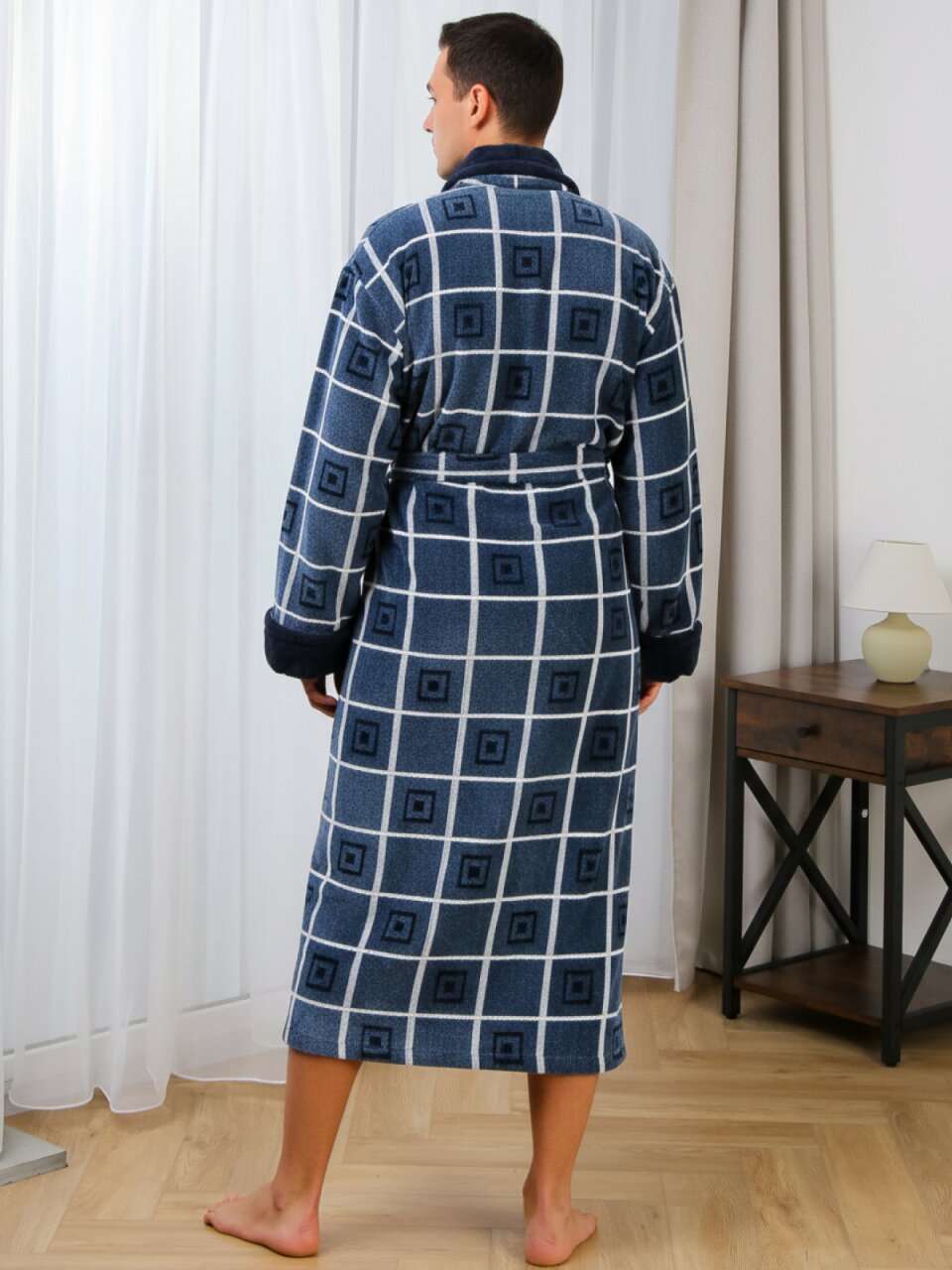 Халат мужской, махровый, 100% хлопок, синяя клетка, XXXL, 56-58, Silvano
