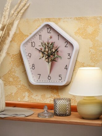 Часы настенные, 34х33х4 см, пятиугольные, пластик, розовые, Букет, Y4-5199